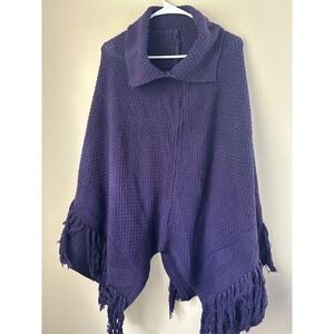 SOLD (DO NOT BUY) 90s Coldwater Creek Purple Knit Poncho Shawl Fringe Collar